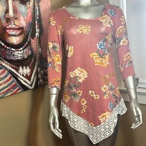 Say Anything floral flower blouse top shirt crochet lace hem size Large stretch